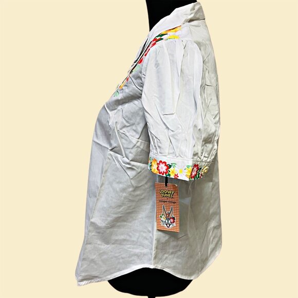 Looney Tunes x Unique Vintage Bugs Bunny Blouse Button Up Embroidered Floral Top - Picture 4 of 12